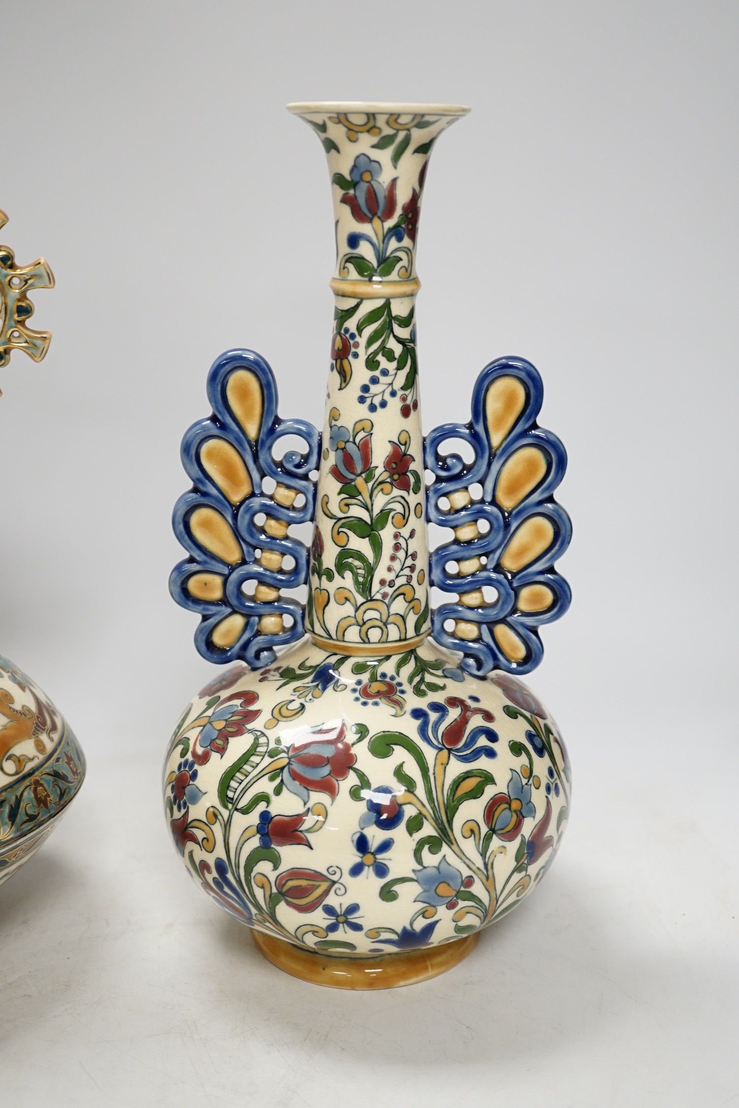 Two Hungarian Zsolnay vases, each with pierced decoration, largest 28cm high